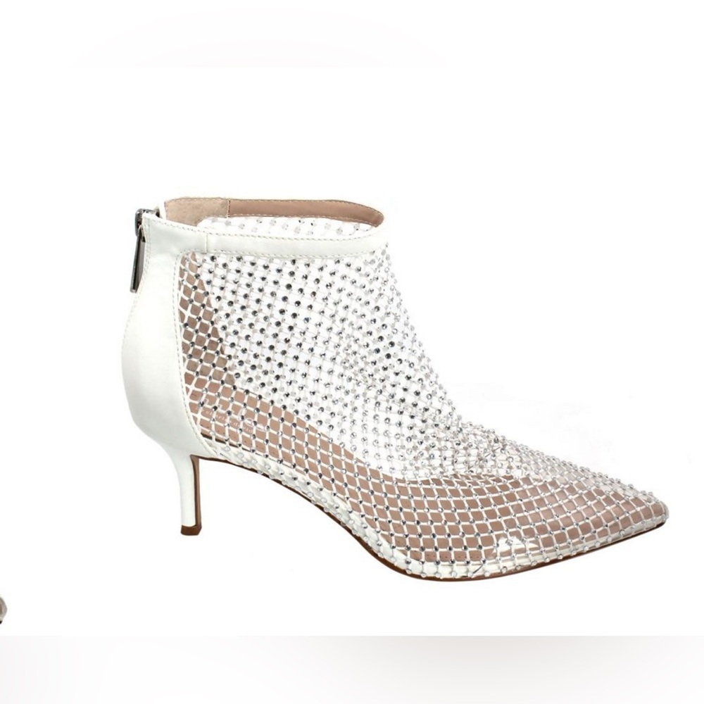 Charles David White Crystal Mesh Pointed Kitten-Heel Bootie Size 6